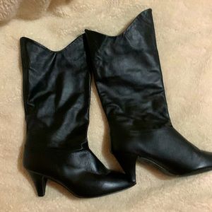 Vegan leather column heeled black boots